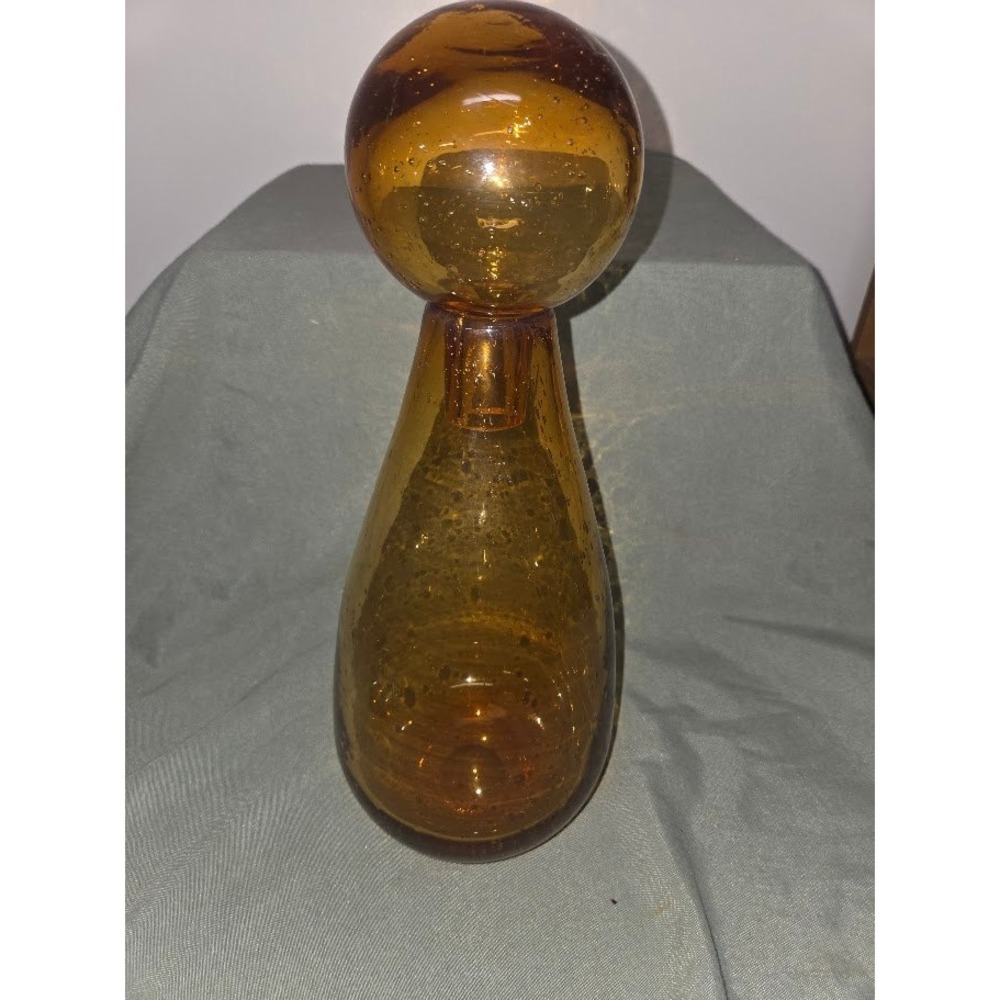Vintage Amber Blown Glass Decanter with Round Stopper Seeded Bubble Glass 12in